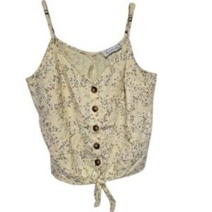 Abercrombie & Fitch Yellow Floral Linen Blend Tie Front Button Camisole Top M